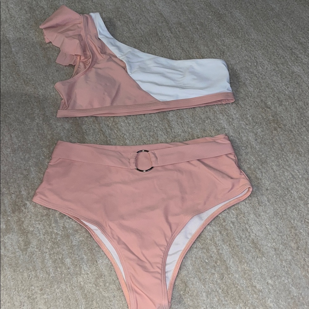 SHEIN One-Shoulder Pink and White Bikini Set